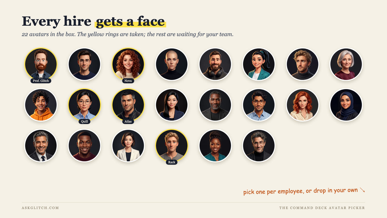 The Command Deck avatar picker: 22 avatars to choose from, five already assigned to the current team