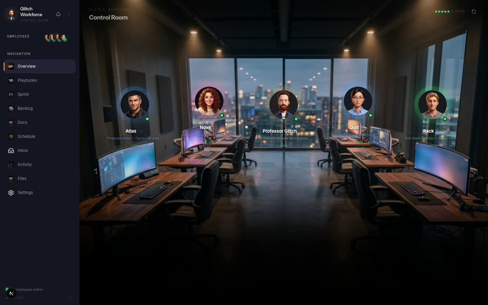 The Command Deck: the dashboard where the whole team sits, every employee at their desk with a live status light