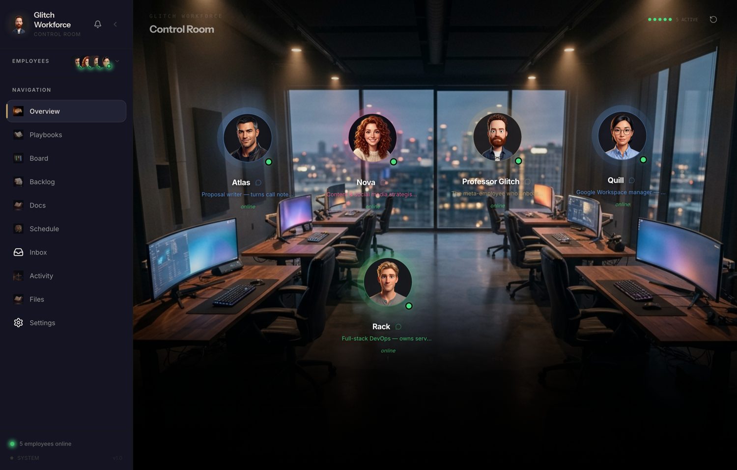 The Glitch Workforce Control Room — five AI employees online on your own Mac
